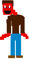 a pixel art of a man in a brown shirt and blue pants