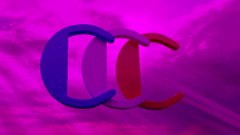 a purple background with a blue and red cc logo