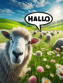 a sheep in a field of flowers with a hallo speech bubble above it