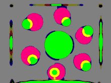 a bunch of colorful circles are in a square on a grey background