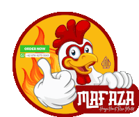 a cartoon chicken is giving a thumbs up sign and says order now