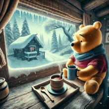 a winnie the pooh bear sits on a window sill with a cup of coffee