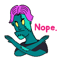 a cartoon drawing of a zombie with purple hair and the word nope on the bottom