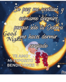 a picture of a girl sleeping on a crescent moon with the words " en paz me acostare y asimismo dormire "