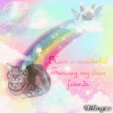 a cat is laying under a rainbow with the words " have a wonderful sunday my dear friends "