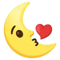 a cartoon illustration of a crescent moon blowing a kiss with a red heart behind it