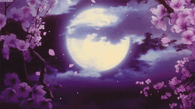 a full moon in a purple sky with purple flowers