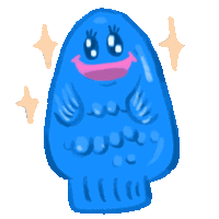 a cartoon drawing of a blue monster with a pink smile on its face