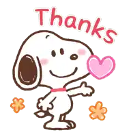 a cartoon of snoopy with a heart in his mouth and the words thanks written below him