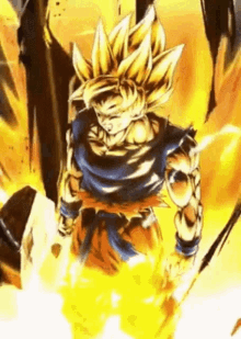 a close up of a dragon ball z character with yellow hair standing in front of a fire .