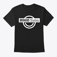 a black t-shirt with the logo for bringus studios on it .