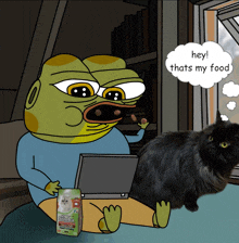 a cartoon of a frog sitting in front of a laptop holding a bag of cat food