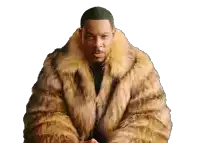 a man wearing a fur coat with a black shirt underneath it