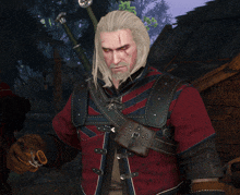 a man with white hair and a beard is holding a large sword