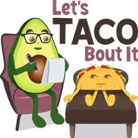 an avocado is sitting in a chair writing on a piece of paper next to a taco on a couch