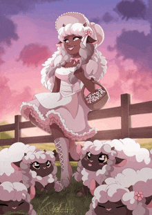 a drawing of a woman in a white dress surrounded by sheep and a fence