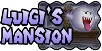 a logo for luigi 's mansion with a ghost in the background