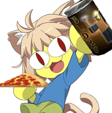 a cartoon cat is holding a can of bloxx and a piece of pizza