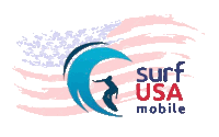 a logo for surf usa mobile shows a surfer on a wave