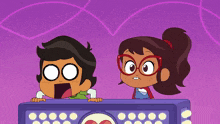 a boy and a girl with glasses are standing next to each other on a purple background