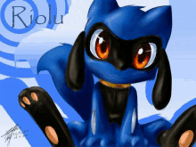 a drawing of a blue and black animal with the name riolu written on the bottom