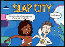 a poster for slap city shows a man and a woman having sex