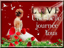 a woman in a white dress is on a red background with the words love une belle journee a tous in white letters