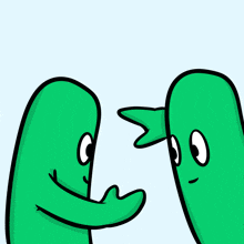 two green cartoon characters are touching each other 's noses