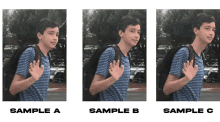 three images of a boy with a backpack are labeled as sample a b and c