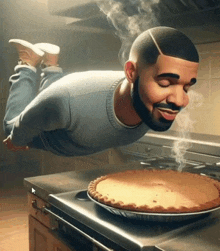 a man is flying over a pie on a plate