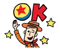 a cartoon of woody from toy story holding a ball and the word ok above him