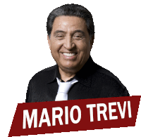 a man in a black shirt and white tie is smiling behind a red sign that says mario trevi