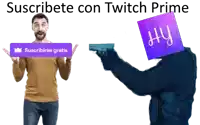 a man holding a sign that says " suscribete con twitch prime "