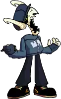 a cartoon character is wearing a blue jacket with the letter h on the front