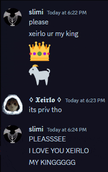 a screenshot of a conversation between slimi and xeirlo