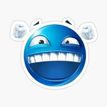 a sticker of a blue smiley face with a big smile on it