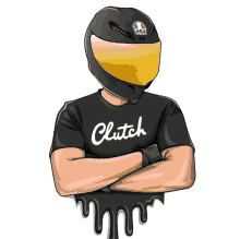 a cartoon drawing of a man wearing a helmet and a shirt that says clutch