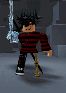 a boy in a red and black striped shirt is holding an ice sword