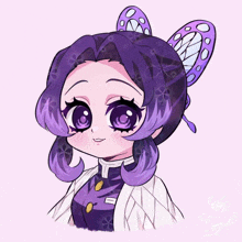 a drawing of a girl with purple hair and a butterfly earpiece