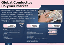 a flyer for the global conductive polymer market shows a hand holding a piece of paper