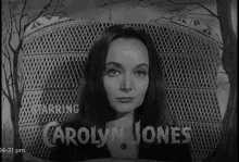 a black and white photo of a woman with the name carolyn jones on it