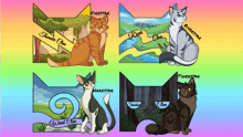 four pictures of cats with the names firestar riverstar thunder clan and wind clan