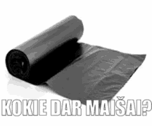 a roll of black trash bags with the words `` kokie dar maisai ? '' written on it .