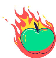 a green apple is on fire with flames around it