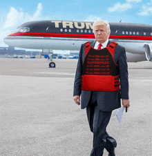 a man in a suit is walking in front of an airplane that says trump