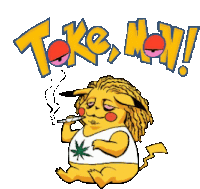 a pikachu with dreadlocks is smoking a cigarette in front of a logo that says pokemon