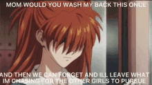 a girl with red hair is covering her face with her hair and a quote from a anime .