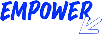 a blue empower logo with an arrow pointing to the right