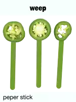 three green peppers on sticks with the word weep below them