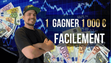 a man is standing in front of a bunch of money with the words 1 gagner 1000 facilement written above him